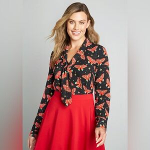 ModCloth NWT Pleasant Confidence Tie-Neck Top - Black Butterfly